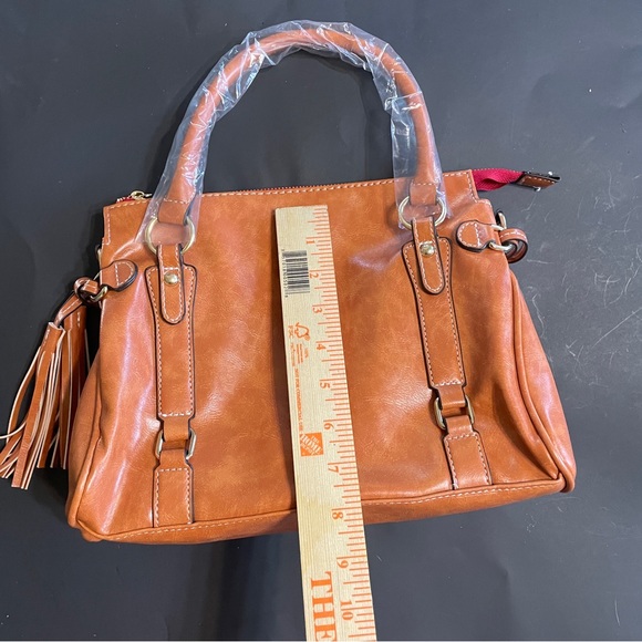 Brown genuine leather satchel purse tassels zip closure pockets, crossbody strap - Picture 6 of 11